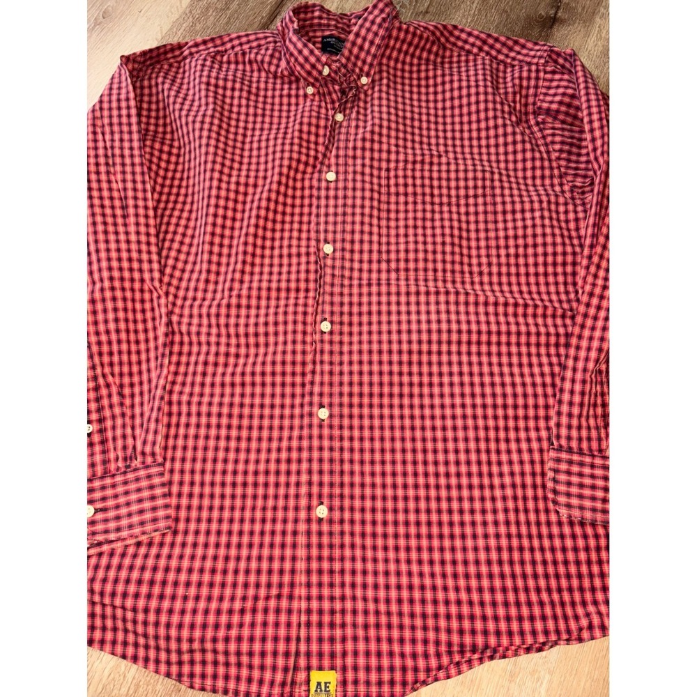 American Eagle Outfitters Mens Red Black‎ Gingham Plaid Long Sleeve Button Shirt